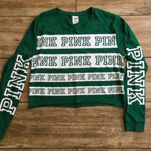 Victoria Secret PINK crop Green Stripe Logo Top